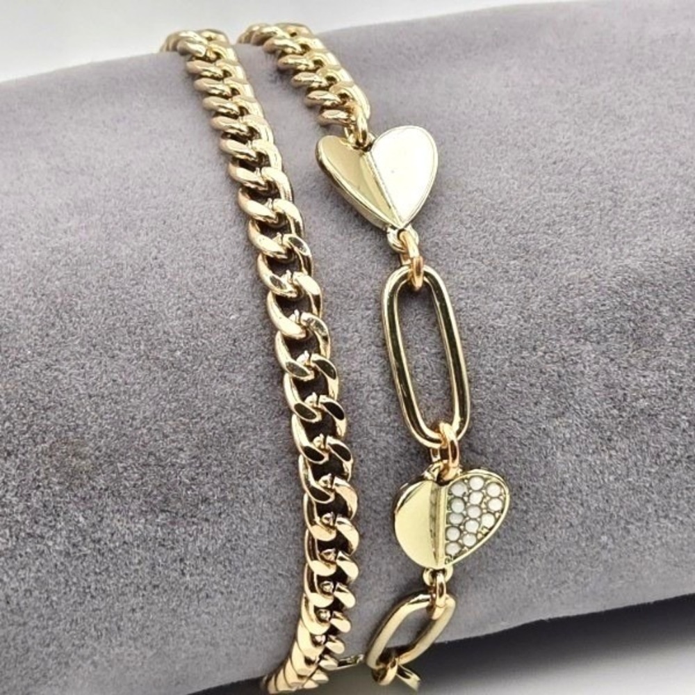 Gold Tone Double Chain White Enamel Heart Bracelet Fashion Jewelry 6.75 inches‎